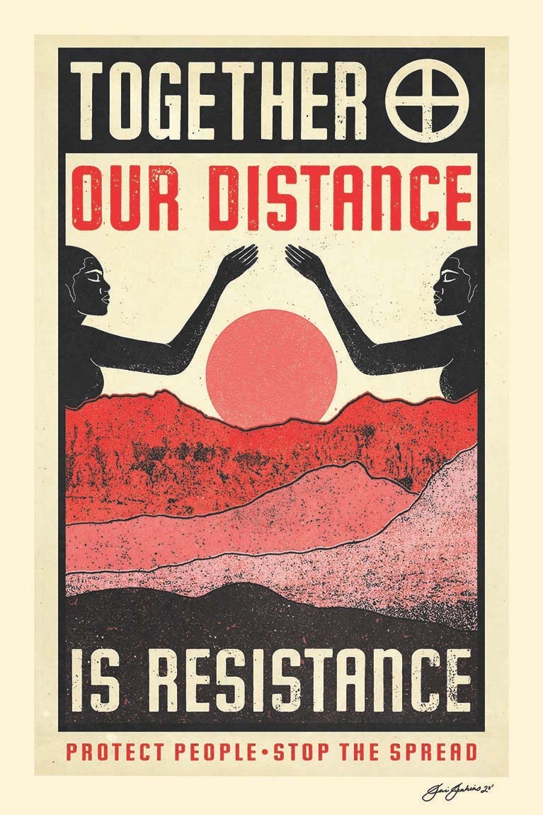 Beige poster with inset black box, red and pink mountains and sun with arms from two bodies reaching over it as illustrated image; text reads Together our distance is resistance